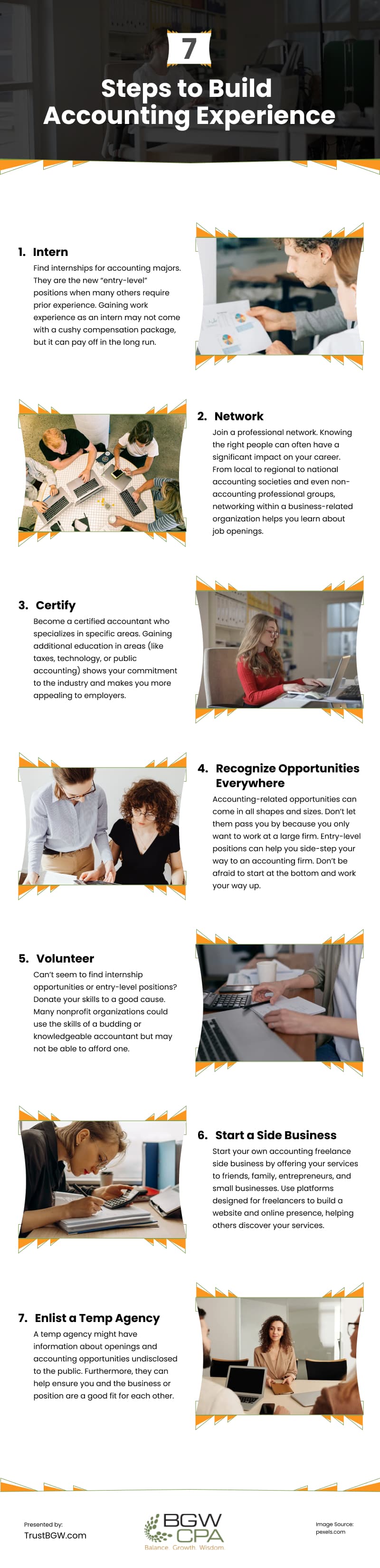 7 Steps to Build Accounting Experience Infographic